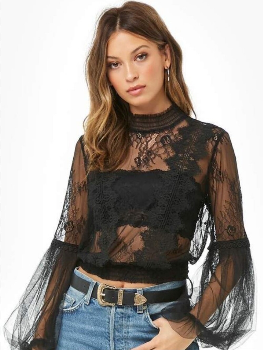Peach Couture Sheer Lace Mesh Whimsy Goth Balloon Sleeve Mock Neck Blouse